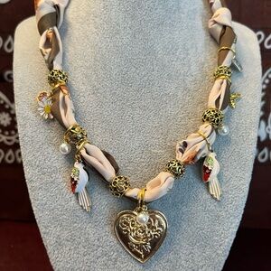 Gold Heart Boho Scarf Necklace with Tan and Brown Accents